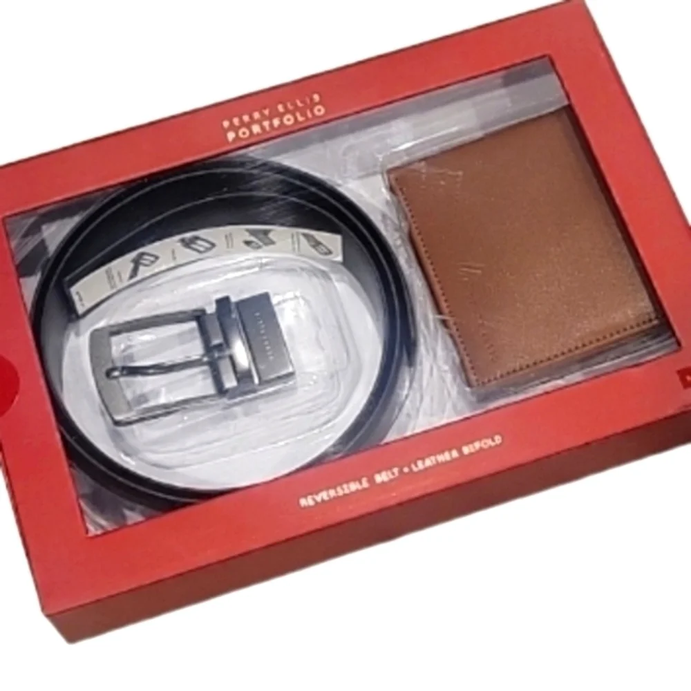 NEW! PERRY ELLIS Men's Reversible Leather Belt & Wallet 2pc Gift Set Medium.
